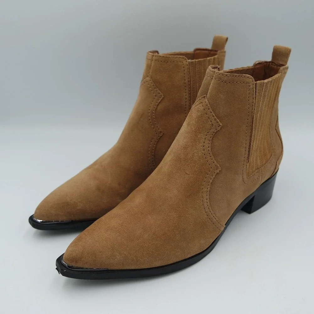 Marc Fisher Womens Yohani Tan Suede Western Ankle Boots Chelsea Booties Size 5.5